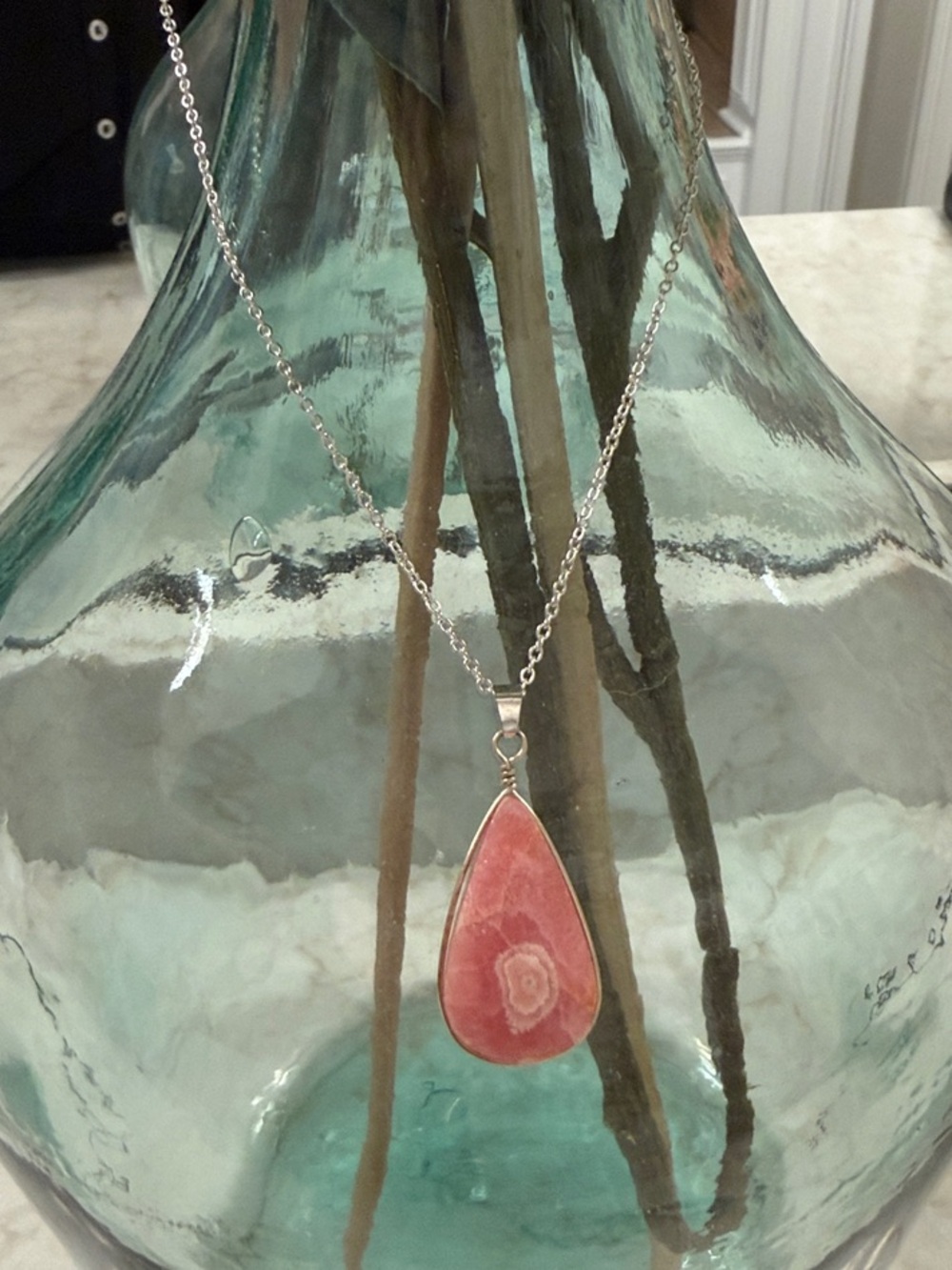 Silver Necklace with Pink Teardrop Pendant